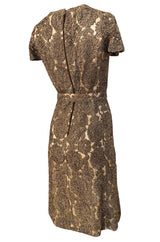 Early 1950s Unlabeled Taupe Ribbon Tape and Net Sheat Dress & Belt