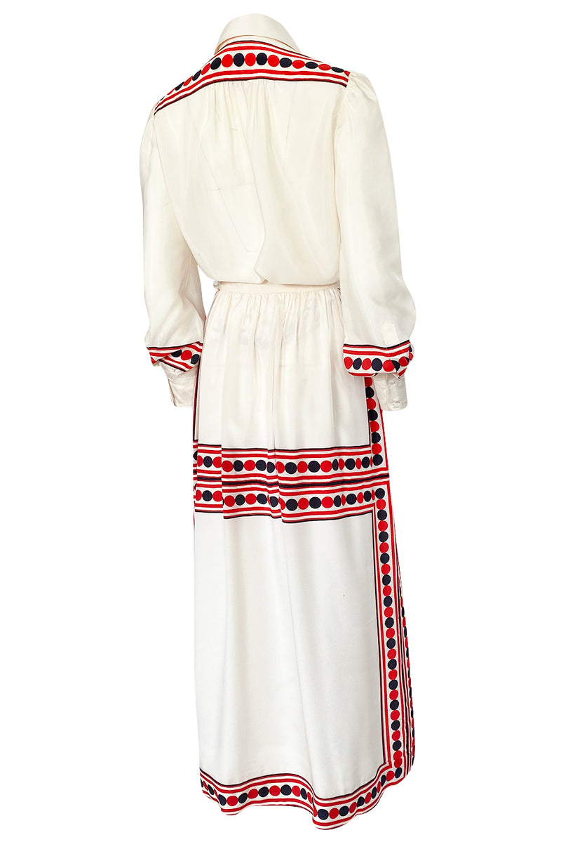 1960s Valentino Two Piece Ivory and Red Striped Silk Skirt & Top Set