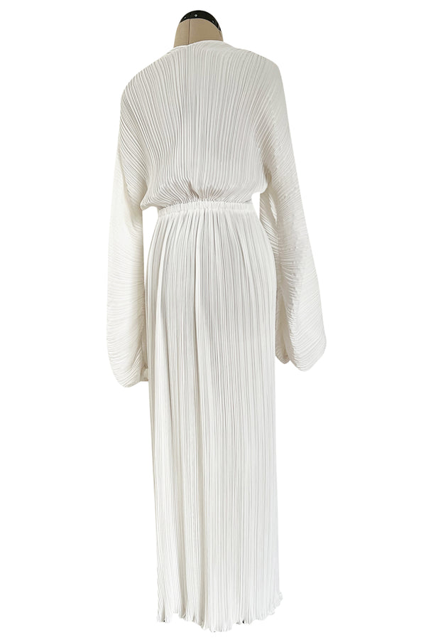 Incredible Spring 1978 Halston Plunged & Pleated White Wrap Silk Chiffon Runway Dress