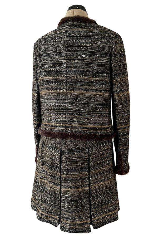 Stunning Fall 2005 Chanel Metallic Silk Mohair Fur Trimmed Tweed Jacket & Pleated Skirt Suit