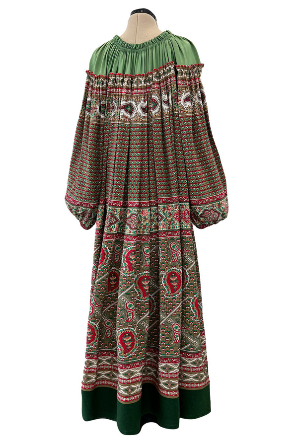 Gorgeous 1970s Lanvin Couture Printed Gathered Silk Caftan Dress w Balloon Sleeves & Felt Hem