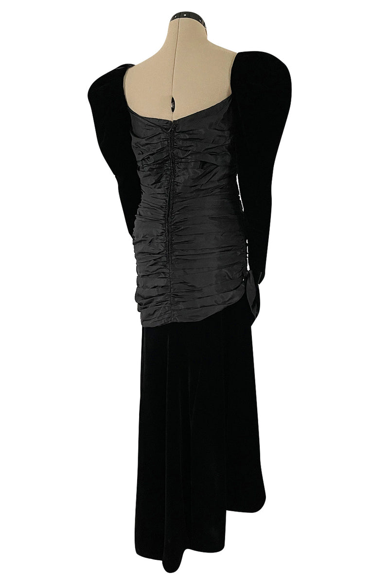 Dramatic 1980s Nina Ricci Black Velvet & Silk Taffeta Dress w