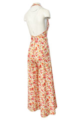 1970s Diane Von Furstenberg Backless Floral Jumpsuit w Extra Wide Legs