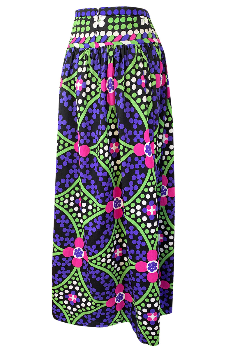 c.1974 Lanvin Bright Purple & Green Printed Jersey Full Length Maxi Skirt