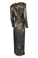 Fall 1990 Oscar de la Renta Printed Metallic Silk Dress w Brass Bell Edging