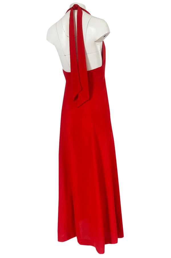 Iconc 1970s Ossie Clark Red Moss Crepe Button Front Halter Dress