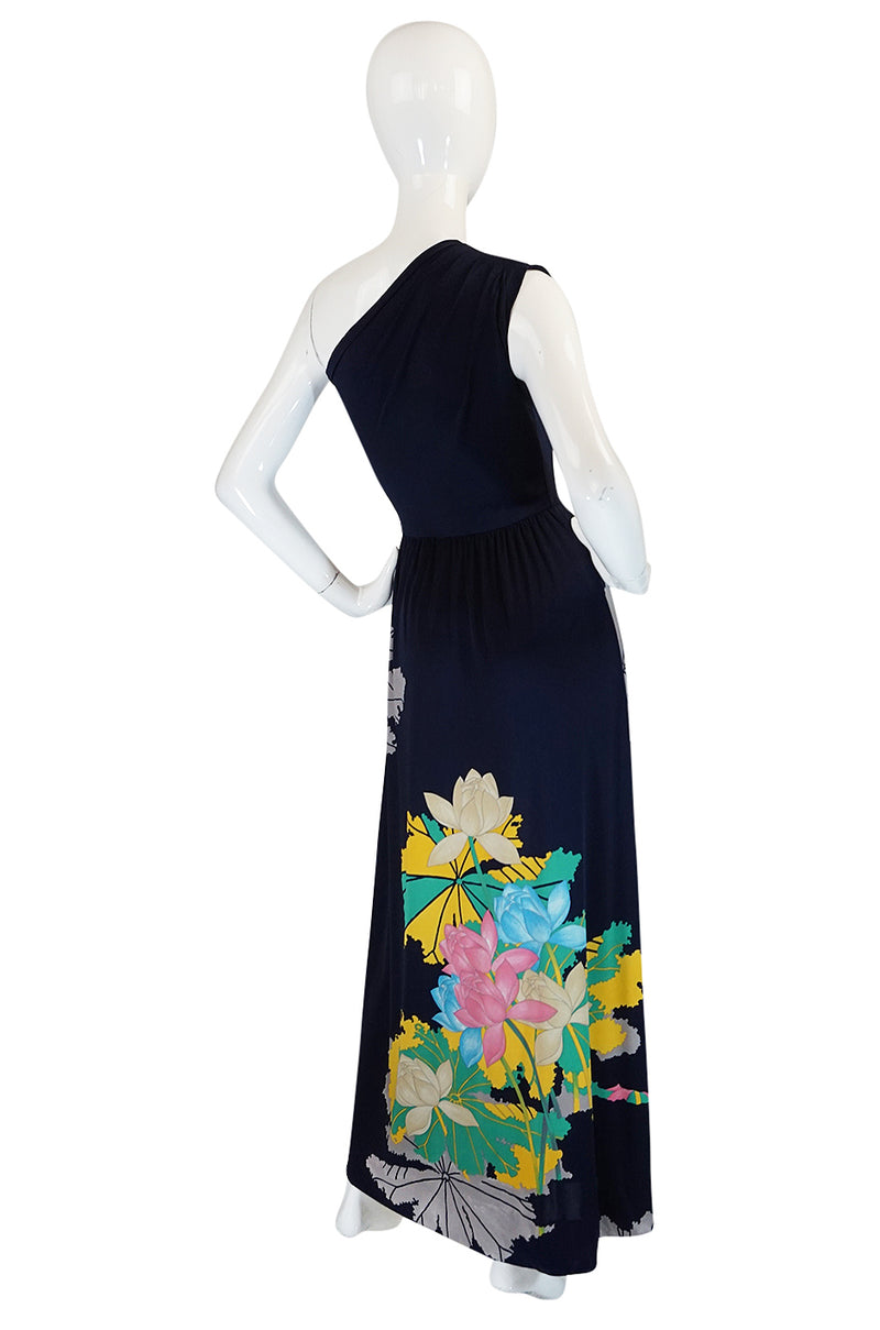 1970s Unlabelled Mac Tac Printed One Shoulder Navy Dress