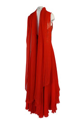 Stunning c1978 Nina Ricci Haute Couture Hand Beaded Layered Red Silk Chiffon Dress
