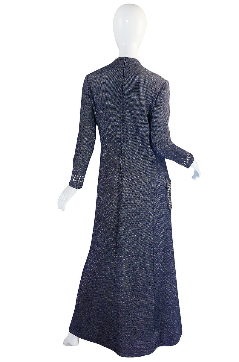1970s Pauline Trigere Blue Lurex & Rhinestone Dress