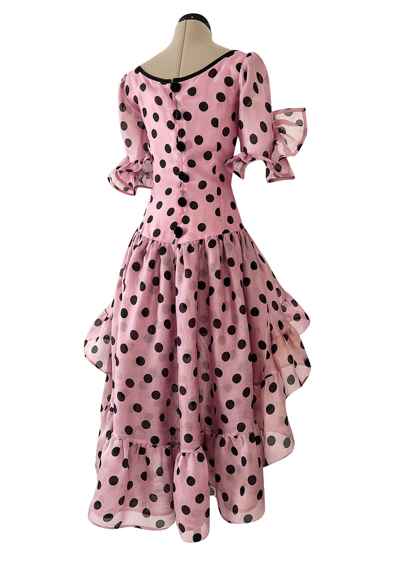 Rare Spring 1990 Yves Saint Laurent Mini Front Skirt Longer Back Pink & Black Dot Dress
