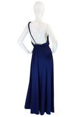 1970s Saks Youth Dimension Backless Jersey One Shoulder Blue Dress