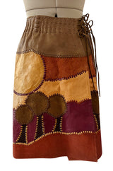 Extraordinary 1960s Char Hand Made Leather & Suede Wrap Scenic Patchwork Skirt