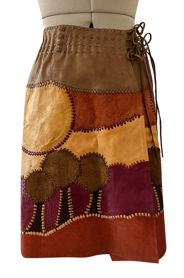 Extraordinary 1960s Char Hand Made Leather & Suede Wrap Scenic Patchwork Skirt