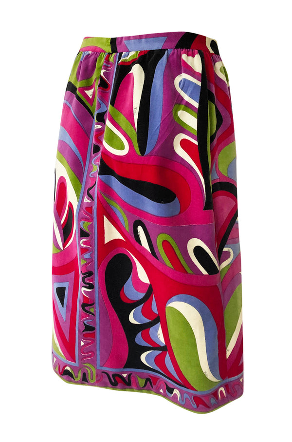 1960s Emilio Pucci Swirling Pink & Lavender Print Cotton Velvet Skirt