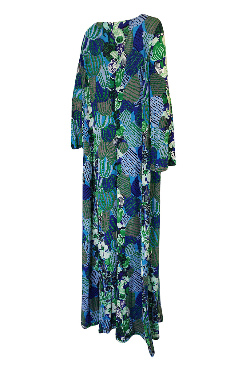 1960s La Mendola Printed Light Wool Jersey Wide Sleeve Caftan Dress