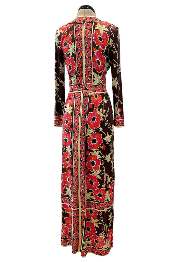 Prettiest 1970s Emilio Pucci Original Pink & Coral Floral Print Brown Silk Jersey Dress