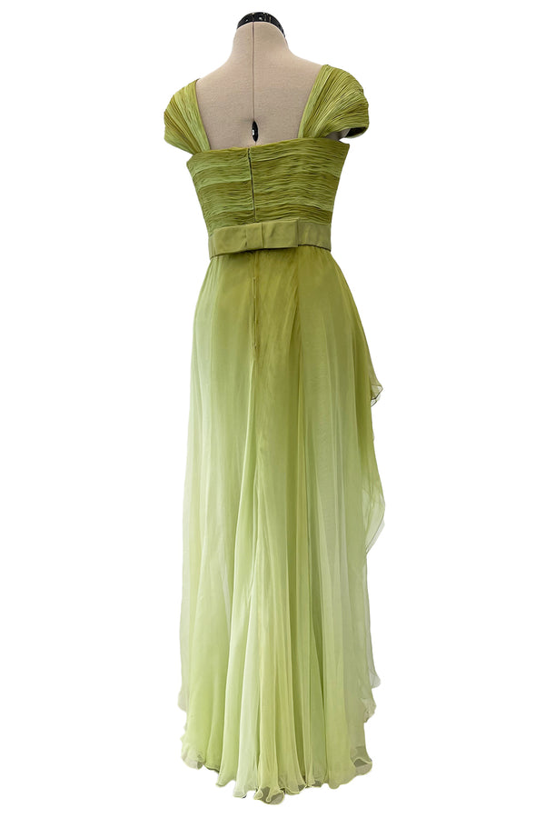 Incredible Spring 2005 Valentino Haute Couture Green Ombre Bias Cut Silk Chiffon Dress w Pleated Bodice