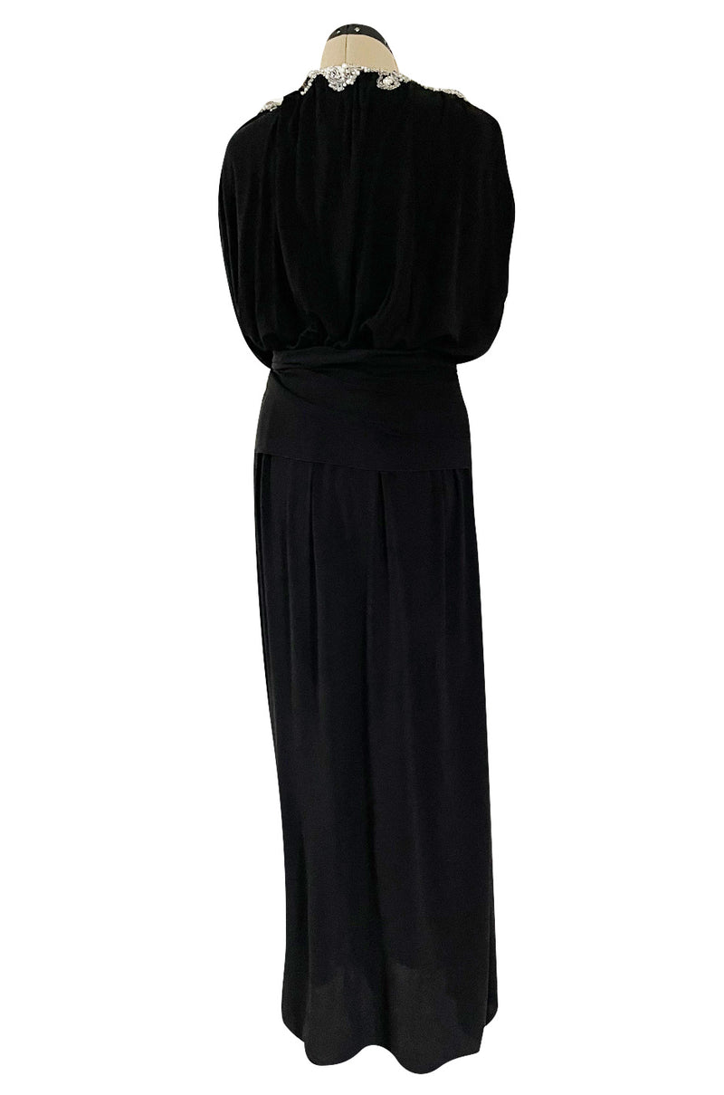 Incredible 1970s Loris Azzaro Black Silk Jersey Dress w Huge Attached Jewel Collar & Jewelled Belt