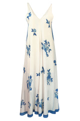 c.1974 Karl Lagerfeld for Chloe Blue Floral Print Silk Print Dress & Capelet