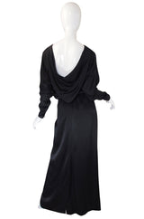 1970s Matte Black Silk Satin Adolfo Gown