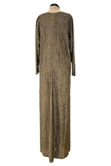 Fabulous 1970s Halston Metallic Gold & Black Lame Lurex Full Length Caftan Dress w Notched Neckline