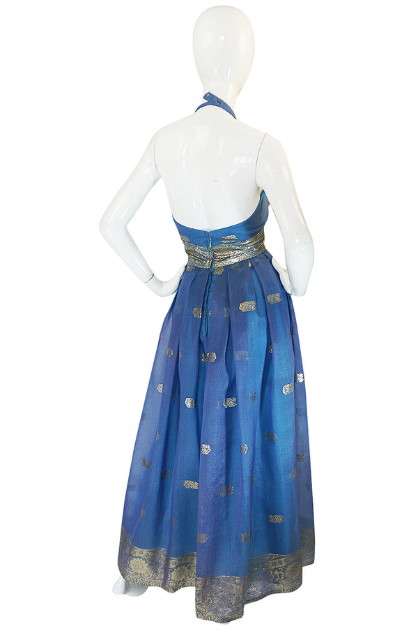 1960s Backless Blue & Gold Sari Inspired Silk Dress