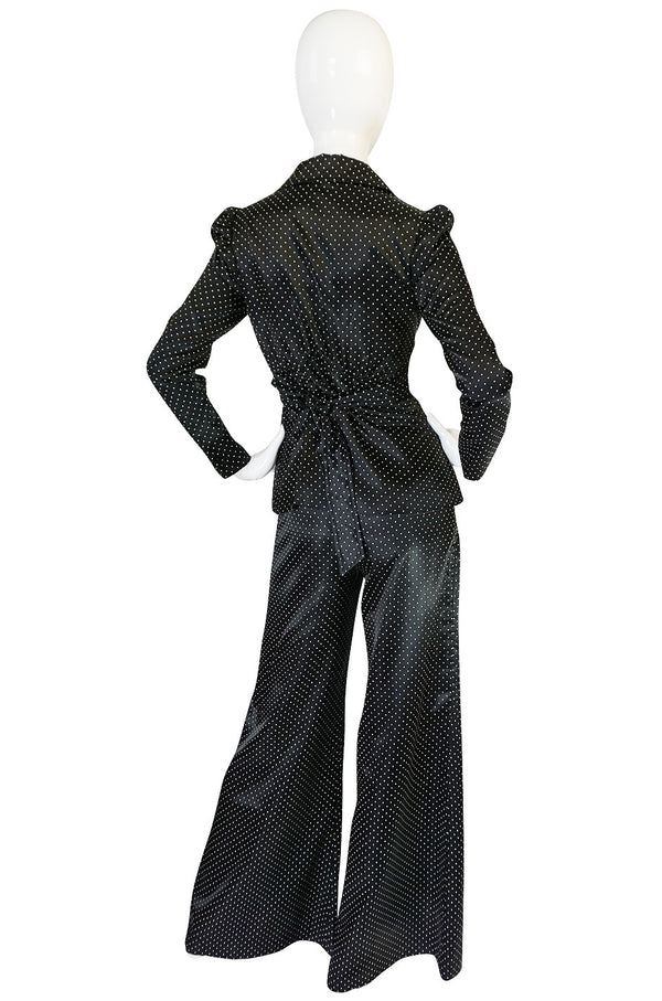 1970s Fabulous Dotted Slippery Satin Flared Pantsuit