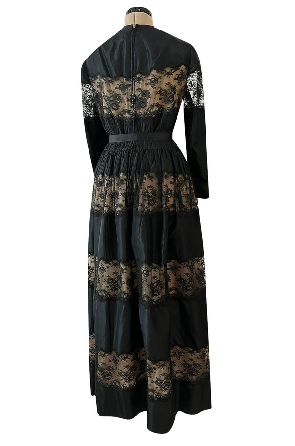 Gorgeous 1970s Larry Aldrich Black Silk Tafetta Dress w Illusion Nude Lace Panels