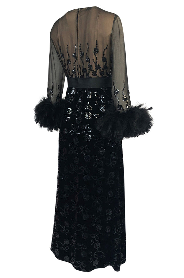 Documented Fall 1970 Oscar de la Renta Ostrich Feather & Sequin Silk Dress