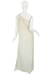 1970s Yuki One Shoulder Draped Cream Jersey Dress