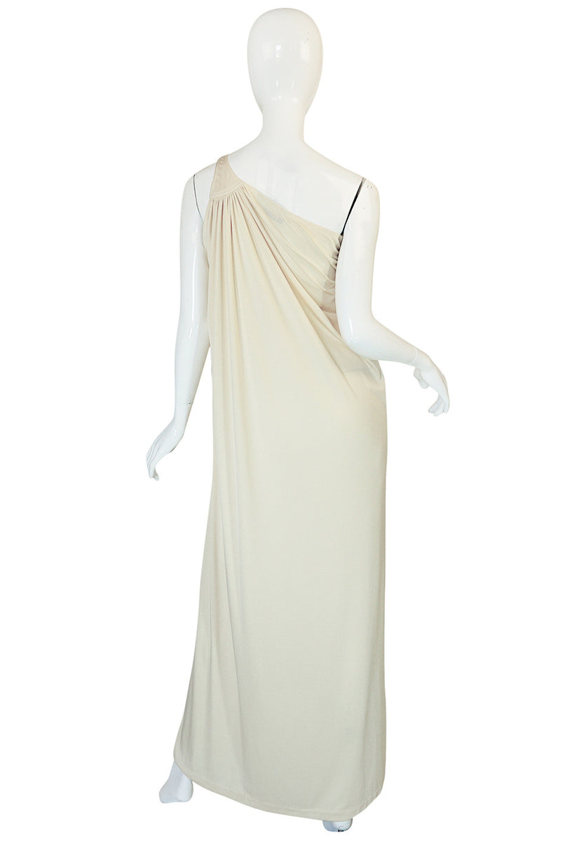 1970s Yuki One Shoulder Draped Cream Jersey Dress