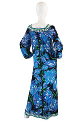 1970s Blue Print Silk Jersey Pucci Caftan Dress