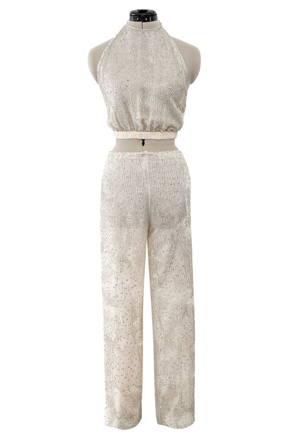 Documented Spring 1981 Halston Runway Silver Tube Bead on Silk Backless Halter Pant & Jacket Set