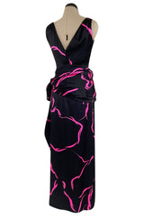 Fall 1985 Unlabeled Ady Couture for YSL Black Silk Hip Swag Dress w Pink Bow Print