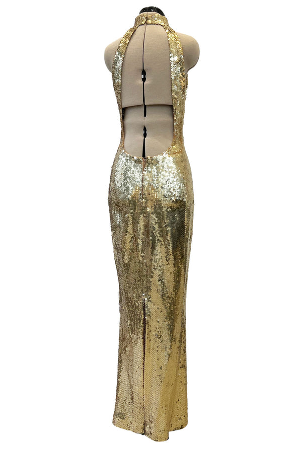 Rare Spring 1973 Loris Azzaro Ad Campaign Documented Gold Metallic Sequin Backless Halter Dress