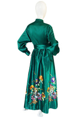 1960s Teal Traina Emerald Green Embroidered Silk Dress