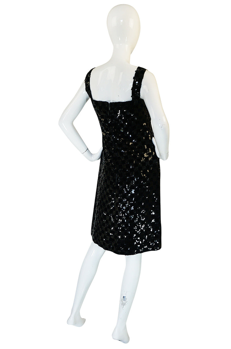 1960s Sequin & Velvet Checked Black Malcolm Starr Dress