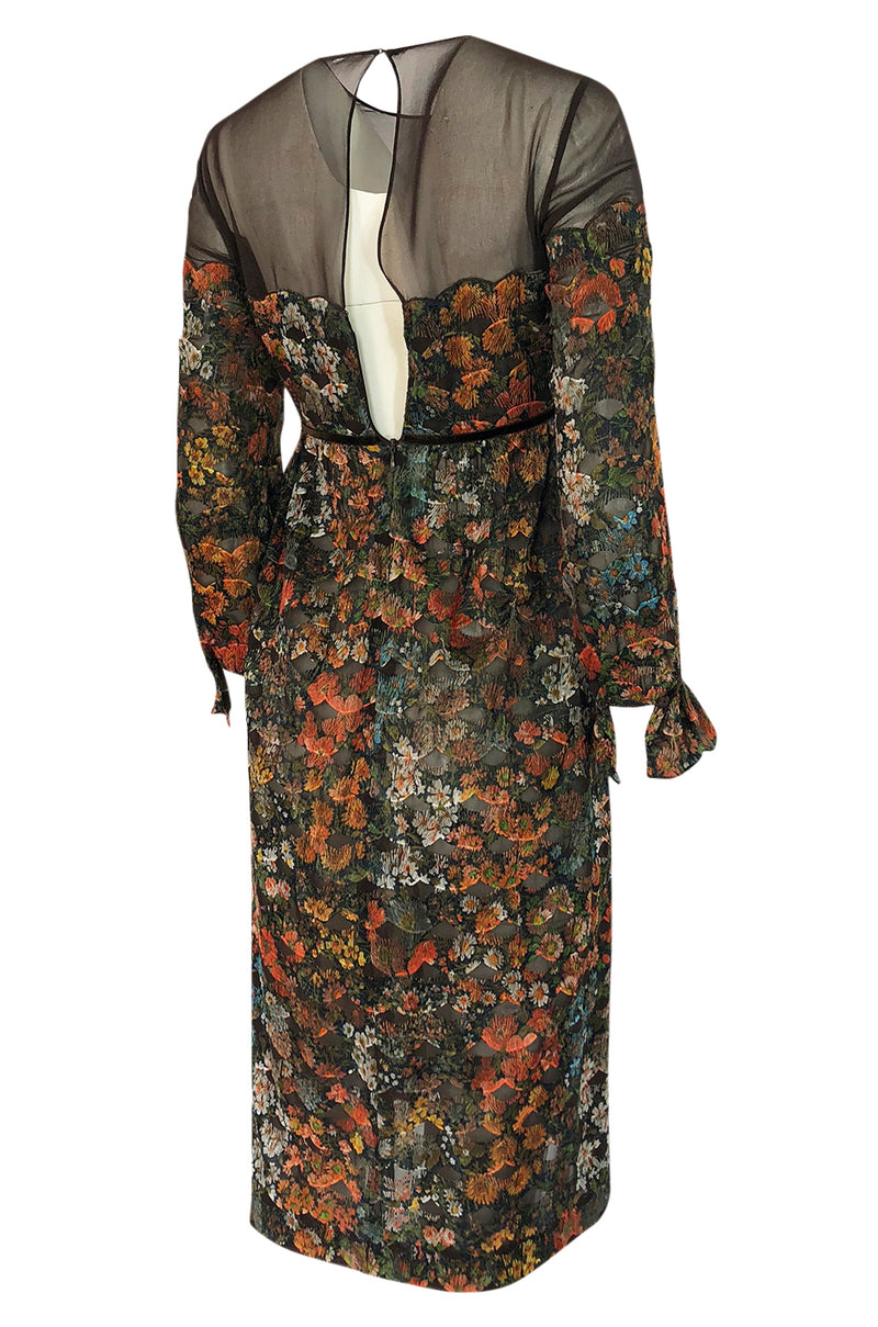 1960s Mignon Densely Embroidered on Brown Silk Chiffon Dress