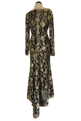 Exceptional Fall 1986 Chanel by Karl Lagerfeld Runway Metallic Gold Thread on Black Silk Net Dress