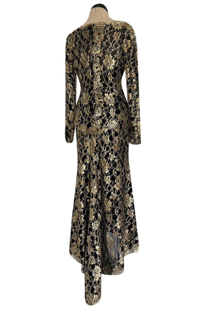 Exceptional Fall 1986 Chanel by Karl Lagerfeld Runway Metallic Gold Thread on Black Silk Net Dress