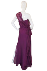 1990s Ben de Lisi One Shoulder Aubergine Silk Chiffon Dress