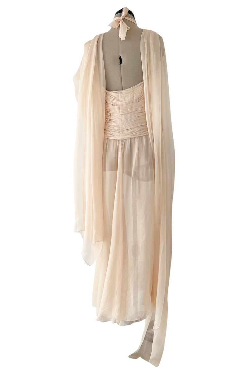 Incredible Spring 1985 Chanel by Karl Lagerfeld Pale Nude Silk Chiffon Dress w Attached Cape