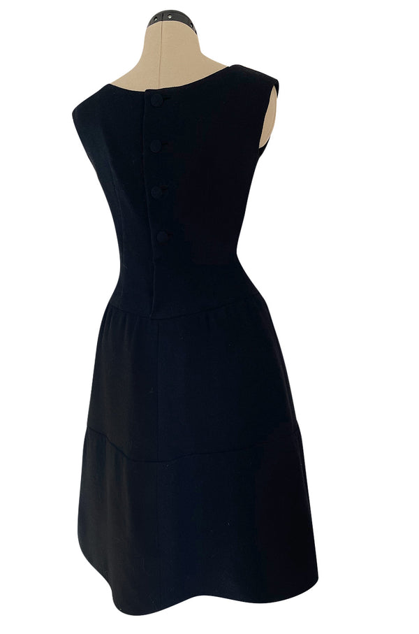 Outstanding 1960s Norman Norell Black Wool Crepe Dress w Full Tiered Skirting