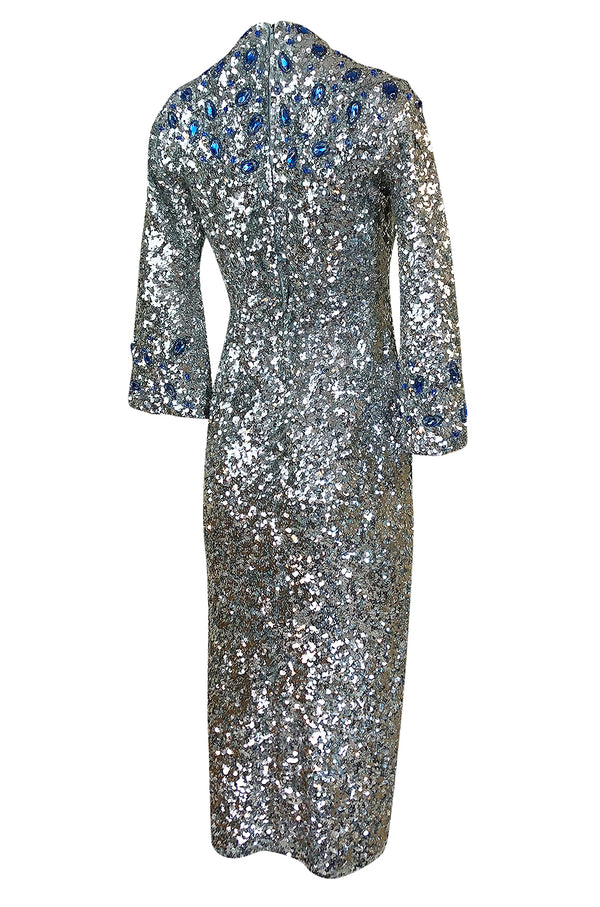 c.1967 Gene Shelly Blue Crystal & Silver Sequin Stretch Knit Dress