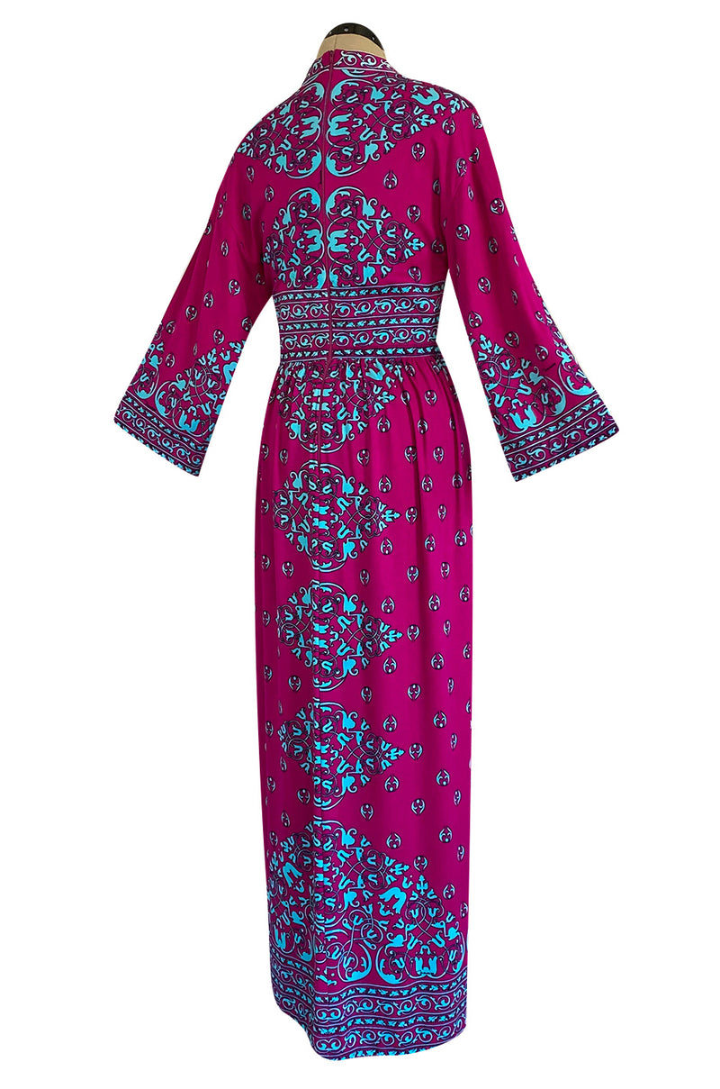 1970s Maurice Bright Fuchsia Pink & Brilliant Turquoise Print Jersey Dress