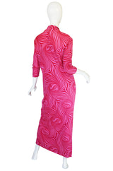 1970s Pink Print Silk Jersey La Mendola Maxi Dress