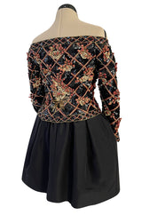 Elaborate 1987 John Anthony Couture Off Shoulder Mini Dress w Sequin Beading & Rosettes