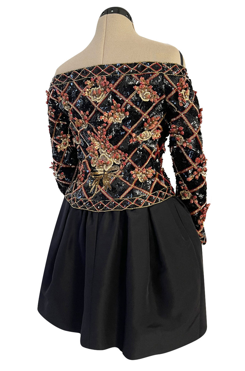 Elaborate 1987 John Anthony Couture Off Shoulder Mini Dress w Sequin Beading & Rosettes