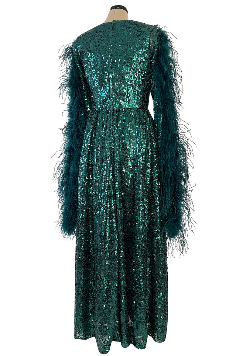 1970s Unlabeled Green Sequin Dress w Dramatic Feather Trimmed Open Extra Long Sleeve