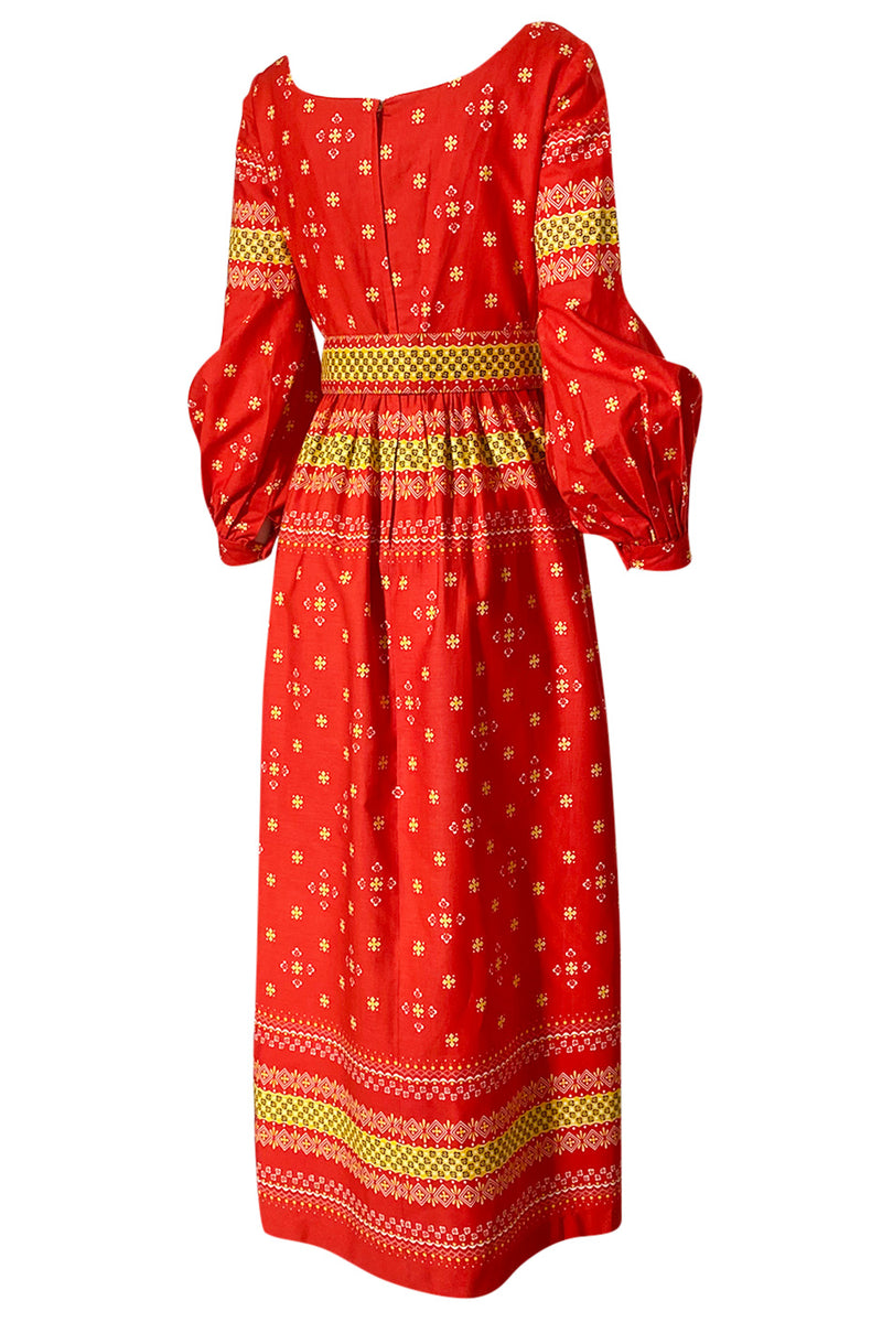 Spring 1971 Oscar de la Renta Red Printed Dress w Pouf Sleeves & Original Belt